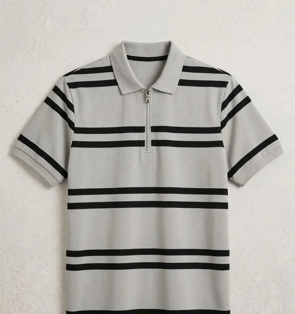 Premium Grey Striped OLD MONEY Shirt for Men - Quarter Zip Premium cotton fabric for maximum comfort (30 (M))
