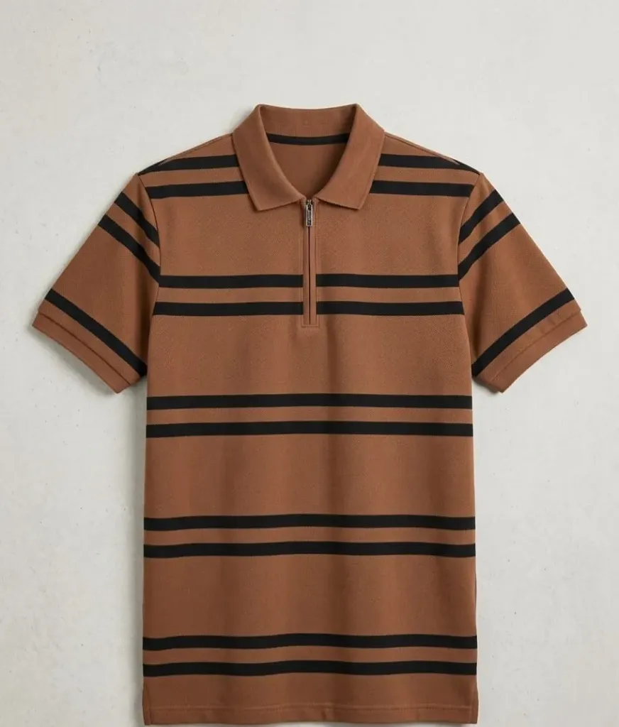 Premium BROWN Striped OLD MONEY Shirt for Men - Quarter Zip Premium cotton fabric for maximum comfort (30 (M))